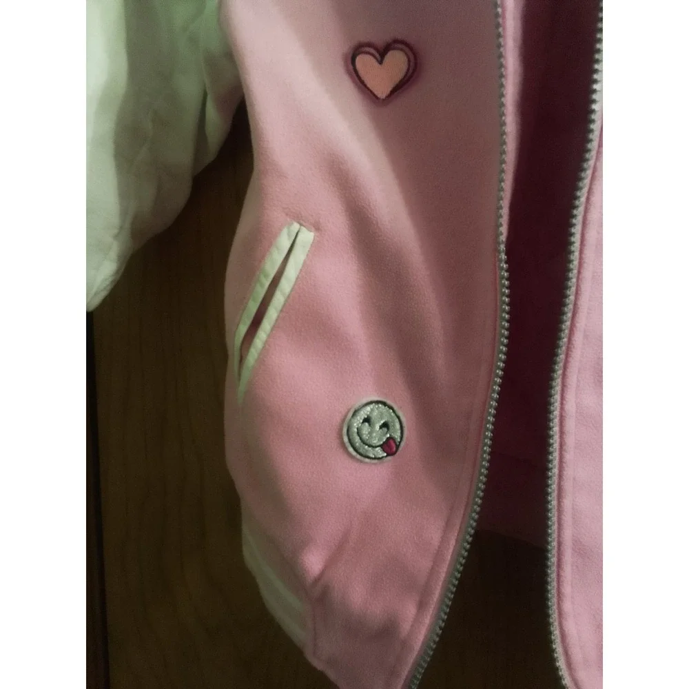 OshKosh B'Gosh Girls Size 6 Pink Varsity Jacket Patches Gray Hood Bomber